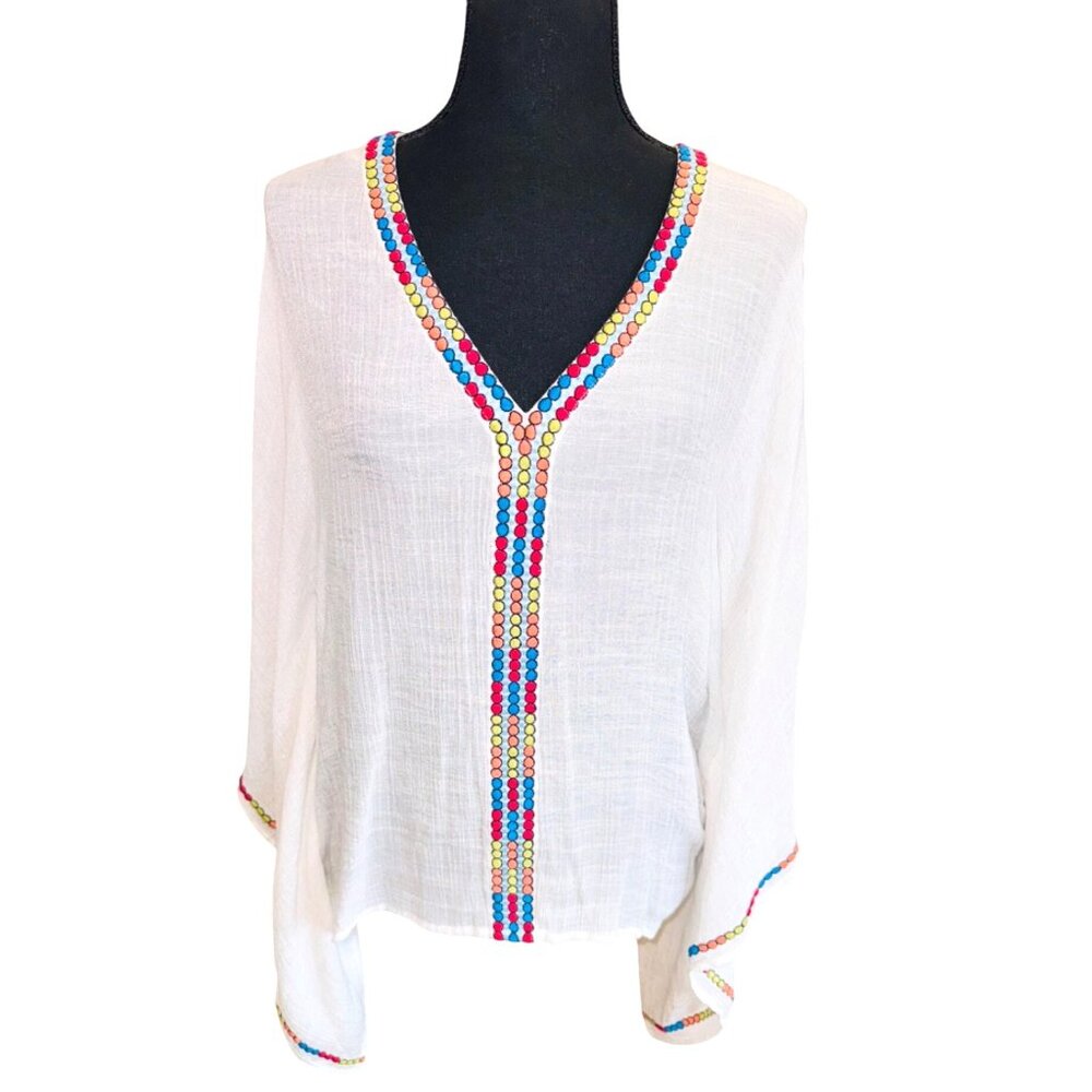White V-Neck Boho Top Multicolor Embroidery Ya Ya Club  M Cottage Core Casual Ar